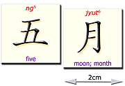 Example magnetic flashcards - together these characters mean "five" + "month" = "May"